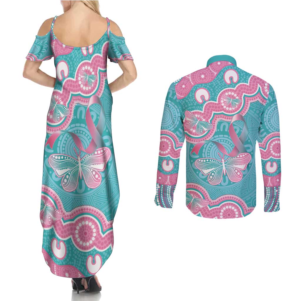 Hereditary And Gynecologic Cancer Awareness Couples Matching Summer Maxi Dress and Long Sleeve Button Shirt Teal Pink Ribbon Aboriginal Art - Aussie Hoodie