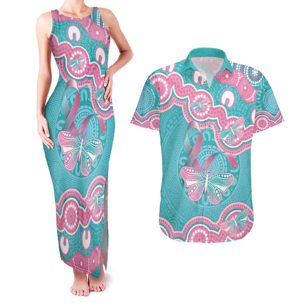Hereditary And Gynecologic Cancer Awareness Couples Matching Tank Maxi Dress and Hawaiian Shirt Teal Pink Ribbon Aboriginal Art - Aussie Hoodie