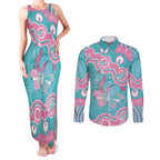 Hereditary And Gynecologic Cancer Awareness Couples Matching Tank Maxi Dress and Long Sleeve Button Shirt Teal Pink Ribbon Aboriginal Art - Aussie Hoodie