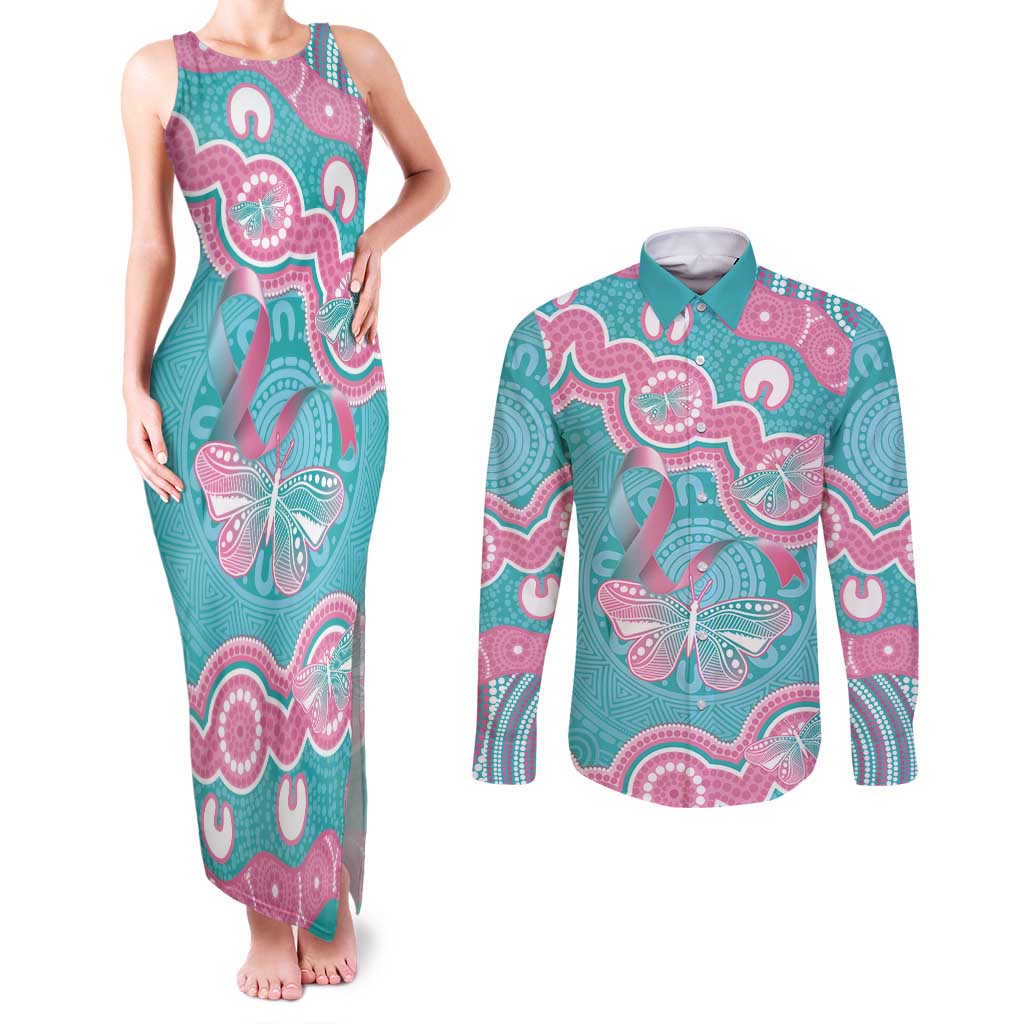 Hereditary And Gynecologic Cancer Awareness Couples Matching Tank Maxi Dress and Long Sleeve Button Shirt Teal Pink Ribbon Aboriginal Art - Aussie Hoodie