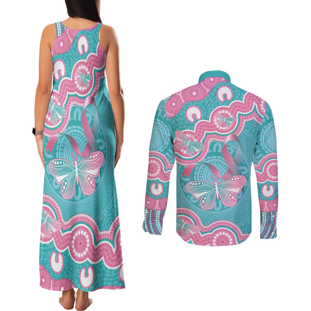 Hereditary And Gynecologic Cancer Awareness Couples Matching Tank Maxi Dress and Long Sleeve Button Shirt Teal Pink Ribbon Aboriginal Art - Aussie Hoodie