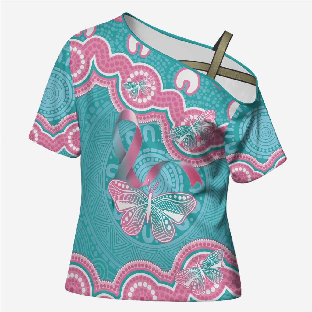 Hereditary And Gynecologic Cancer Awareness Cross Shoulder Shirt Teal Pink Ribbon Aboriginal Art - Aussie Hoodie