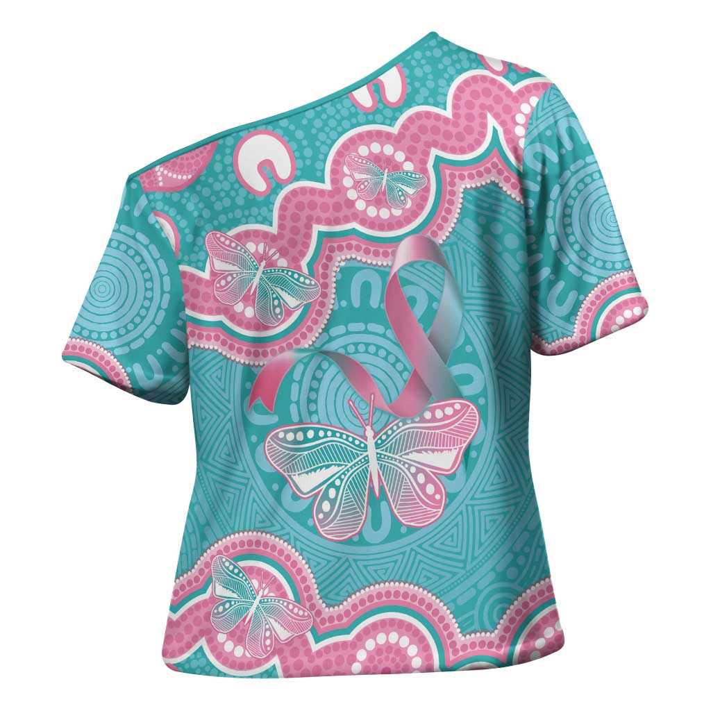 Hereditary And Gynecologic Cancer Awareness Cross Shoulder Shirt Teal Pink Ribbon Aboriginal Art - Aussie Hoodie