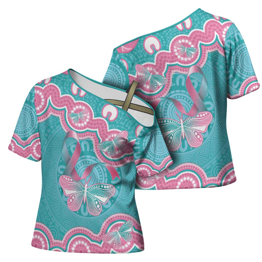 Hereditary And Gynecologic Cancer Awareness Cross Shoulder Shirt Teal Pink Ribbon Aboriginal Art - Aussie Hoodie
