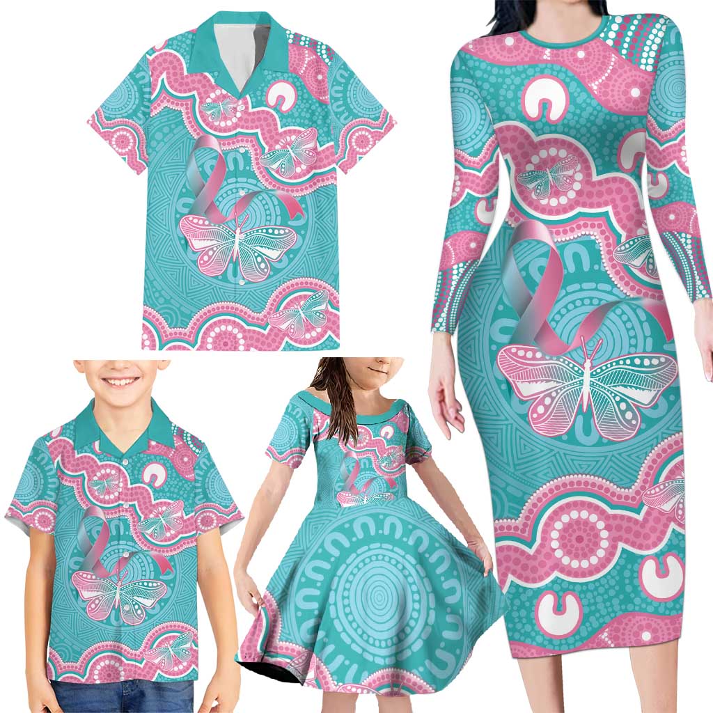 Hereditary And Gynecologic Cancer Awareness Family Matching Long Sleeve Bodycon Dress and Hawaiian Shirt Teal Pink Ribbon Aboriginal Art - Aussie Hoodie