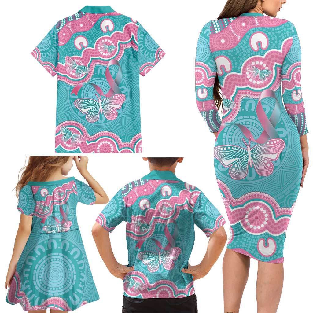 Hereditary And Gynecologic Cancer Awareness Family Matching Long Sleeve Bodycon Dress and Hawaiian Shirt Teal Pink Ribbon Aboriginal Art - Aussie Hoodie