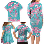 Hereditary And Gynecologic Cancer Awareness Family Matching Long Sleeve Bodycon Dress and Hawaiian Shirt Teal Pink Ribbon Aboriginal Art - Aussie Hoodie