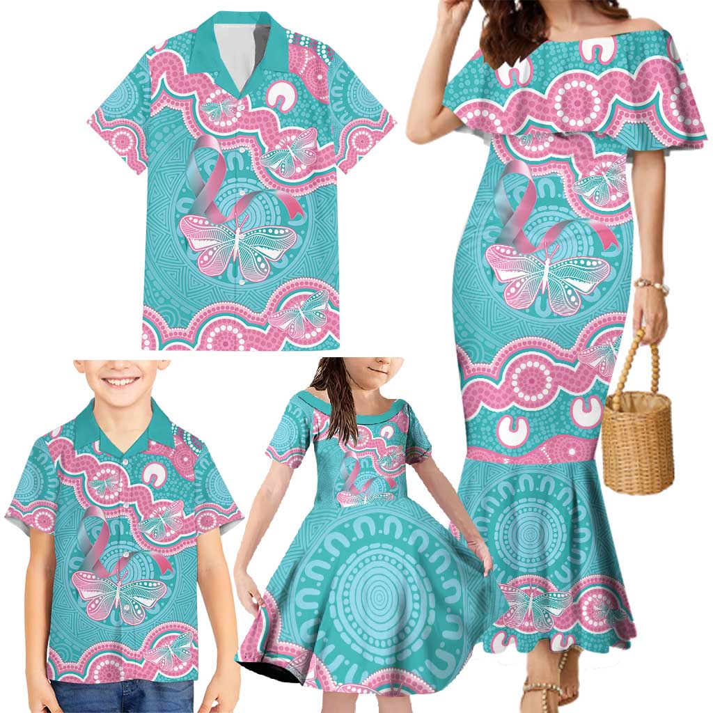 Hereditary And Gynecologic Cancer Awareness Family Matching Mermaid Dress and Hawaiian Shirt Teal Pink Ribbon Aboriginal Art - Aussie Hoodie