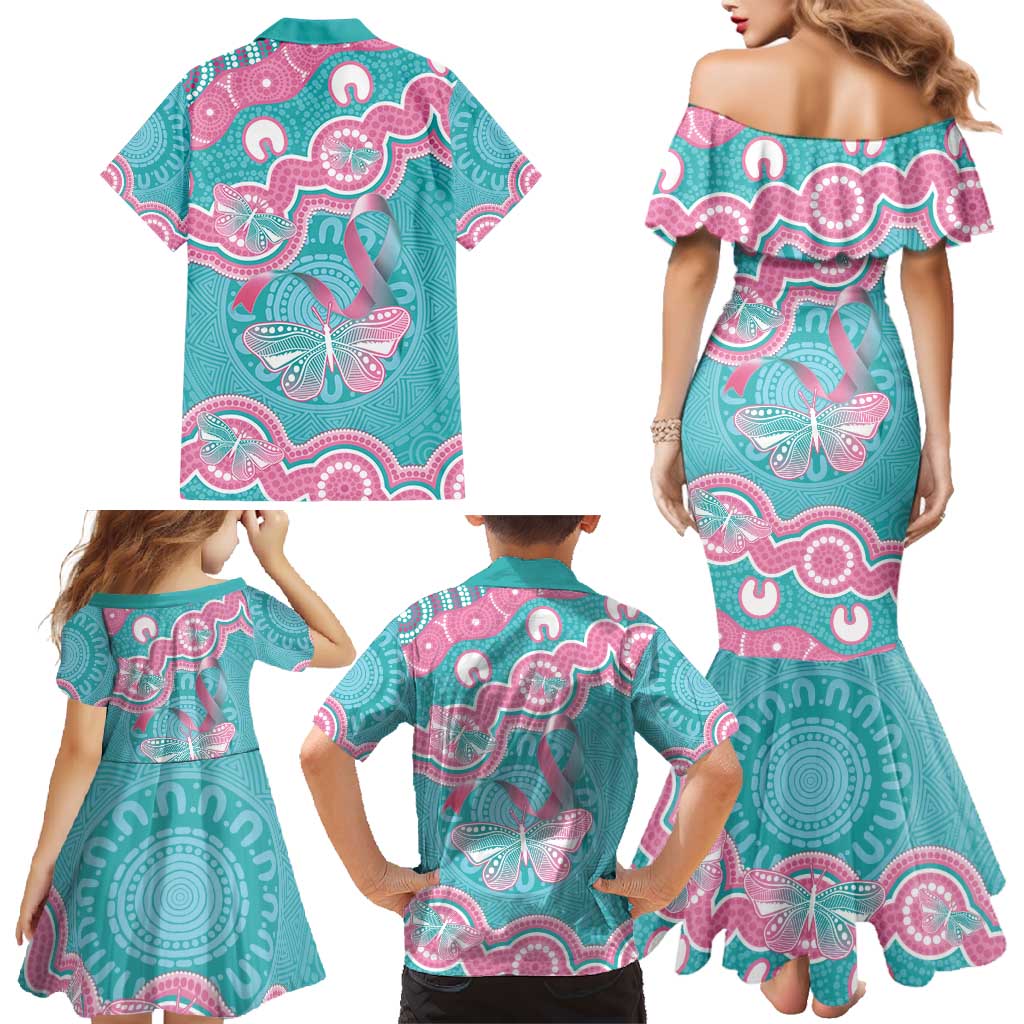 Hereditary And Gynecologic Cancer Awareness Family Matching Mermaid Dress and Hawaiian Shirt Teal Pink Ribbon Aboriginal Art - Aussie Hoodie