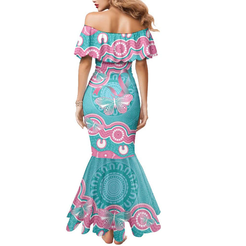 Hereditary And Gynecologic Cancer Awareness Family Matching Mermaid Dress and Hawaiian Shirt Teal Pink Ribbon Aboriginal Art - Aussie Hoodie