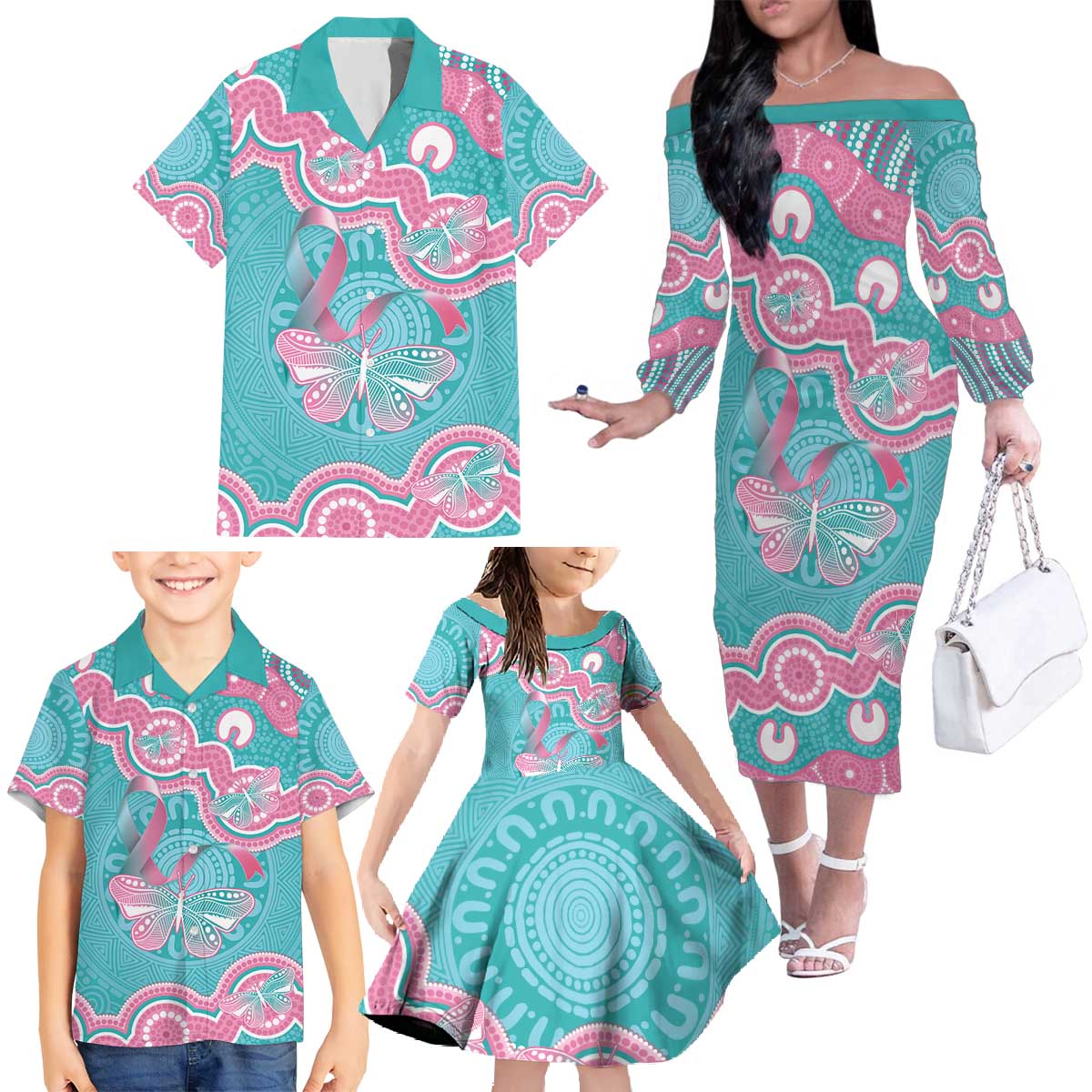 Hereditary And Gynecologic Cancer Awareness Family Matching Off The Shoulder Long Sleeve Dress and Hawaiian Shirt Teal Pink Ribbon Aboriginal Art - Aussie Hoodie