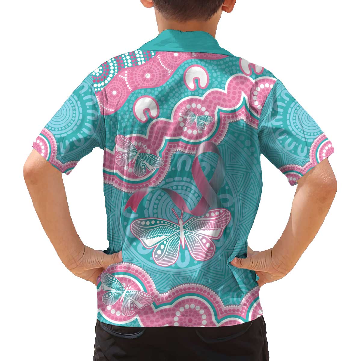 Hereditary And Gynecologic Cancer Awareness Family Matching Off The Shoulder Long Sleeve Dress and Hawaiian Shirt Teal Pink Ribbon Aboriginal Art - Aussie Hoodie