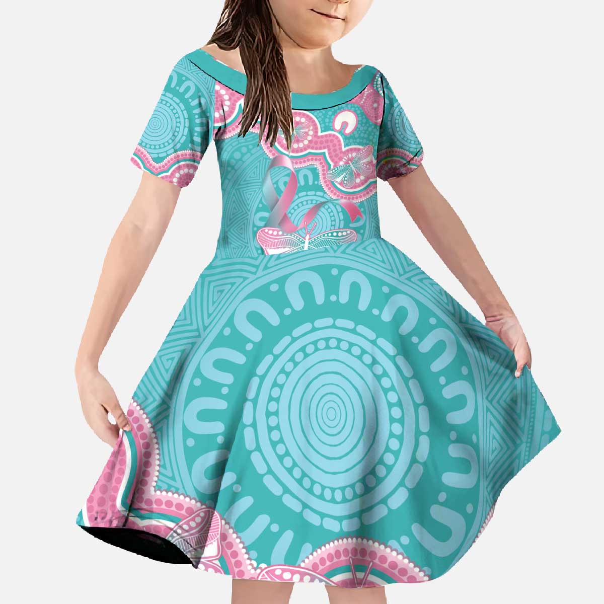 Hereditary And Gynecologic Cancer Awareness Family Matching Off The Shoulder Long Sleeve Dress and Hawaiian Shirt Teal Pink Ribbon Aboriginal Art - Aussie Hoodie