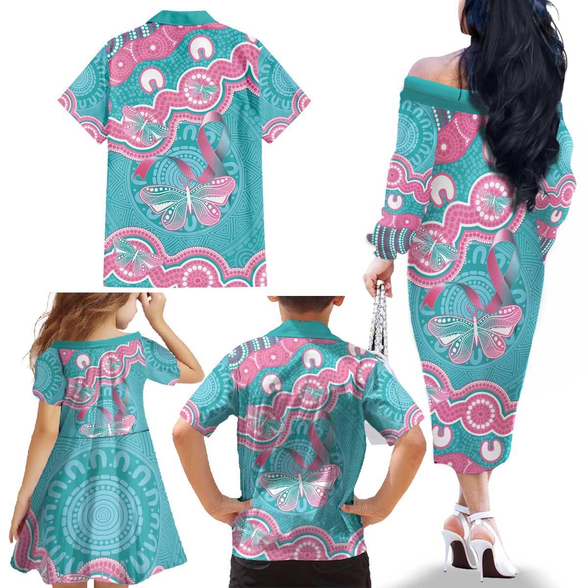 Hereditary And Gynecologic Cancer Awareness Family Matching Off The Shoulder Long Sleeve Dress and Hawaiian Shirt Teal Pink Ribbon Aboriginal Art - Aussie Hoodie