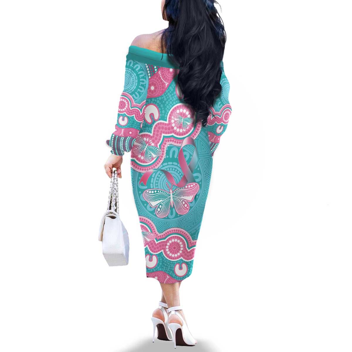 Hereditary And Gynecologic Cancer Awareness Family Matching Off The Shoulder Long Sleeve Dress and Hawaiian Shirt Teal Pink Ribbon Aboriginal Art - Aussie Hoodie