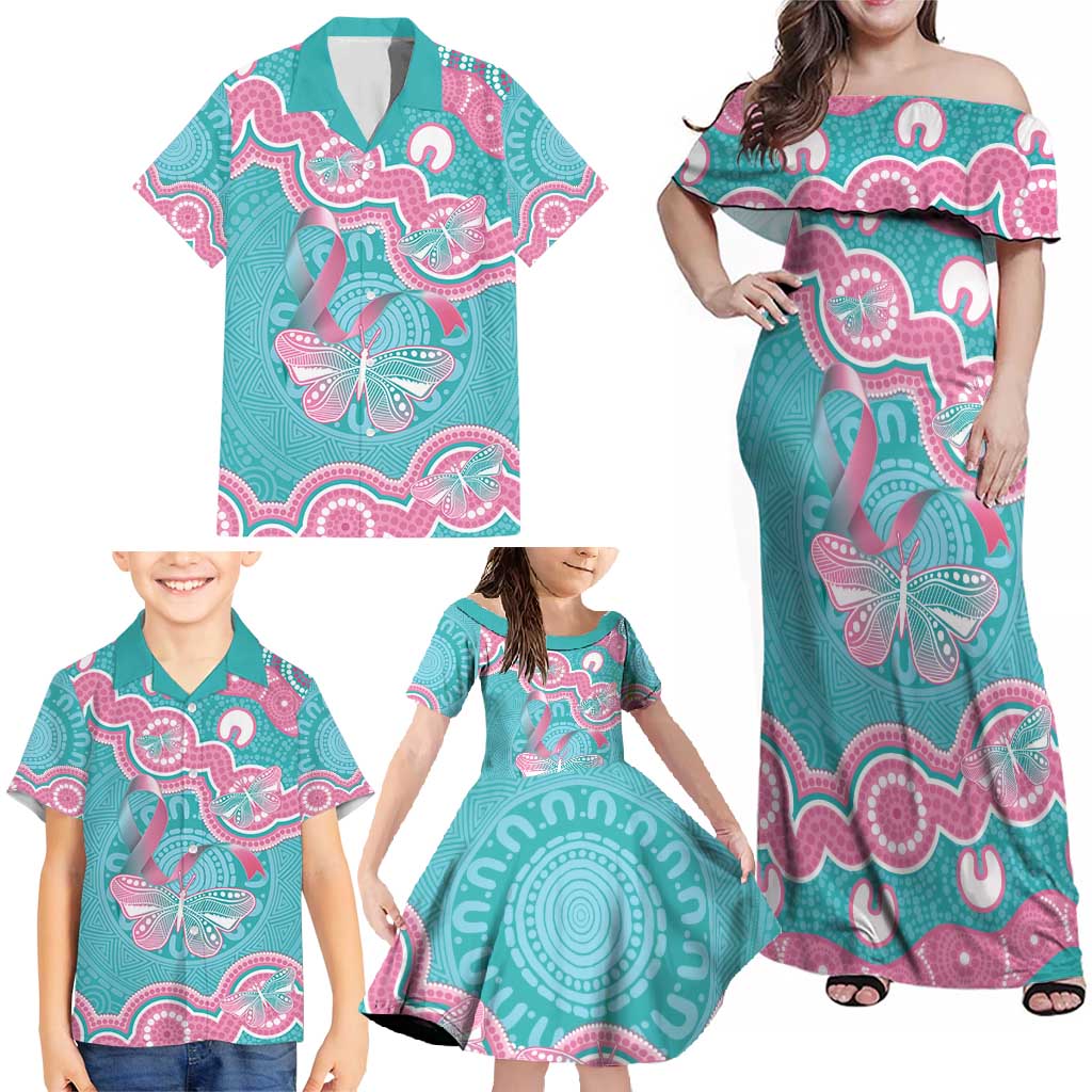Hereditary And Gynecologic Cancer Awareness Family Matching Off Shoulder Maxi Dress and Hawaiian Shirt Teal Pink Ribbon Aboriginal Art - Aussie Hoodie