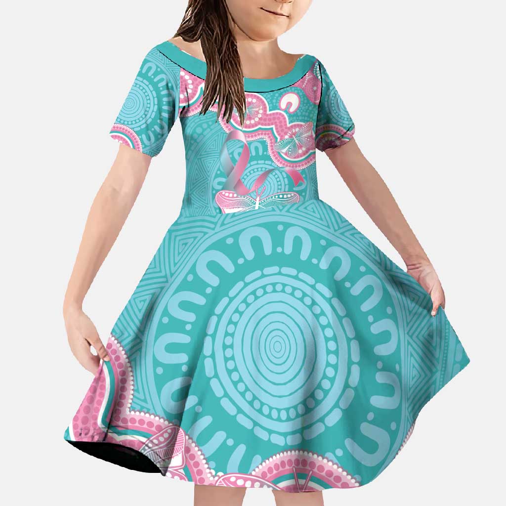 Hereditary And Gynecologic Cancer Awareness Family Matching Off Shoulder Maxi Dress and Hawaiian Shirt Teal Pink Ribbon Aboriginal Art - Aussie Hoodie
