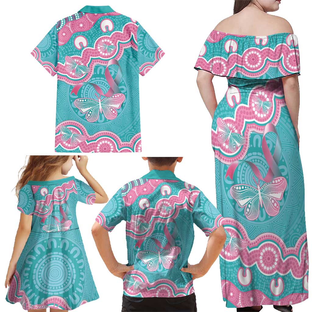 Hereditary And Gynecologic Cancer Awareness Family Matching Off Shoulder Maxi Dress and Hawaiian Shirt Teal Pink Ribbon Aboriginal Art - Aussie Hoodie