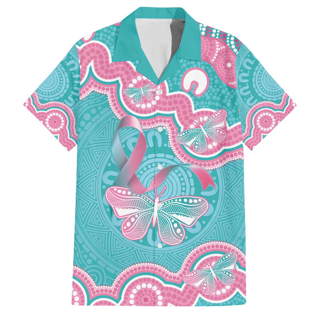 Hereditary And Gynecologic Cancer Awareness Family Matching Off Shoulder Maxi Dress and Hawaiian Shirt Teal Pink Ribbon Aboriginal Art - Aussie Hoodie