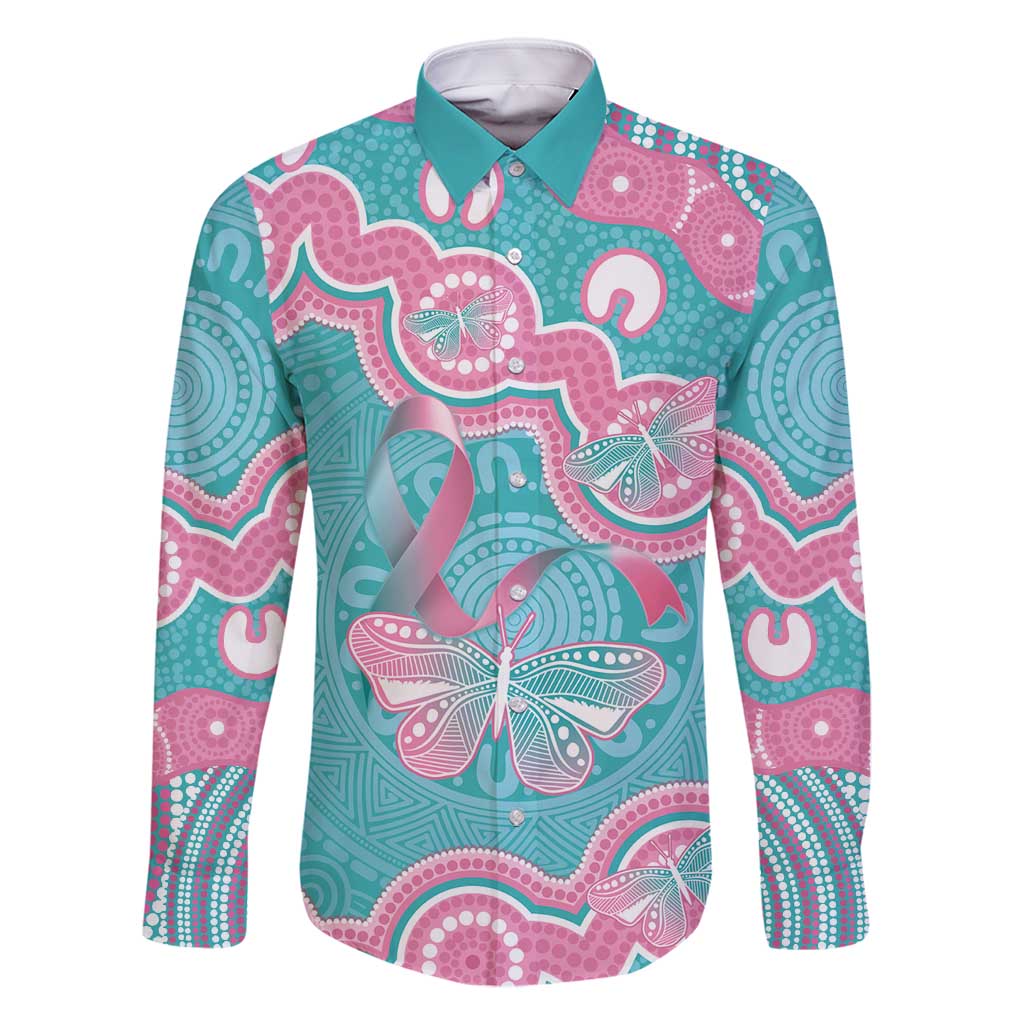 Hereditary And Gynecologic Cancer Awareness Family Matching Off Shoulder Maxi Dress and Hawaiian Shirt Teal Pink Ribbon Aboriginal Art - Aussie Hoodie