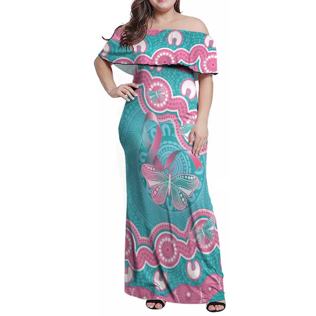 Hereditary And Gynecologic Cancer Awareness Family Matching Off Shoulder Maxi Dress and Hawaiian Shirt Teal Pink Ribbon Aboriginal Art - Aussie Hoodie