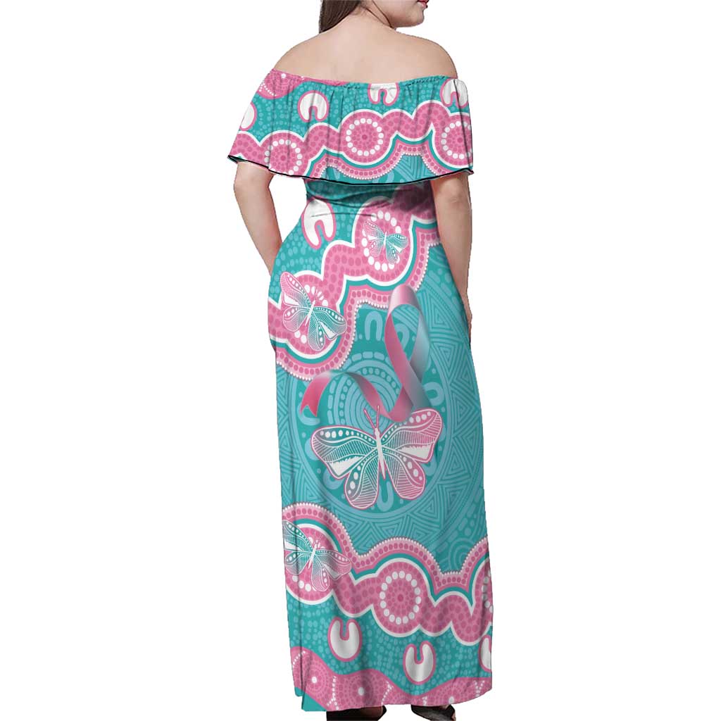 Hereditary And Gynecologic Cancer Awareness Family Matching Off Shoulder Maxi Dress and Hawaiian Shirt Teal Pink Ribbon Aboriginal Art - Aussie Hoodie
