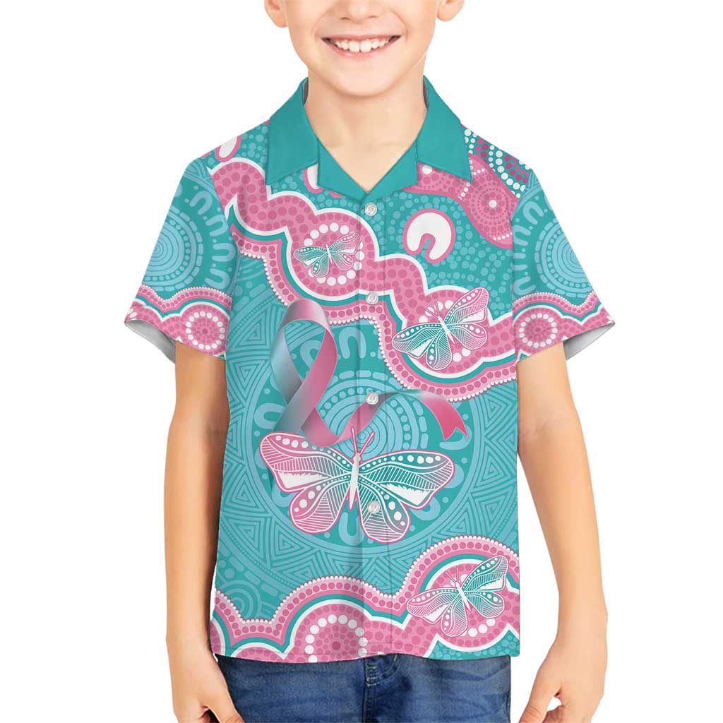 Hereditary And Gynecologic Cancer Awareness Family Matching Off Shoulder Maxi Dress and Hawaiian Shirt Teal Pink Ribbon Aboriginal Art - Aussie Hoodie