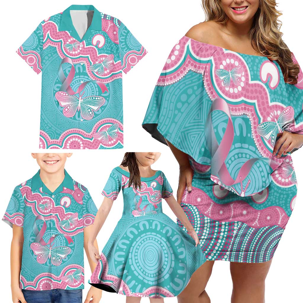 Hereditary And Gynecologic Cancer Awareness Family Matching Off Shoulder Short Dress and Hawaiian Shirt Teal Pink Ribbon Aboriginal Art - Aussie Hoodie