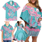 Hereditary And Gynecologic Cancer Awareness Family Matching Off Shoulder Short Dress and Hawaiian Shirt Teal Pink Ribbon Aboriginal Art - Aussie Hoodie