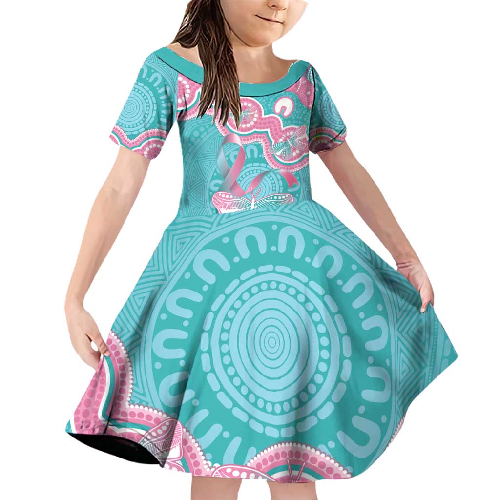 Hereditary And Gynecologic Cancer Awareness Family Matching Off Shoulder Short Dress and Hawaiian Shirt Teal Pink Ribbon Aboriginal Art - Aussie Hoodie