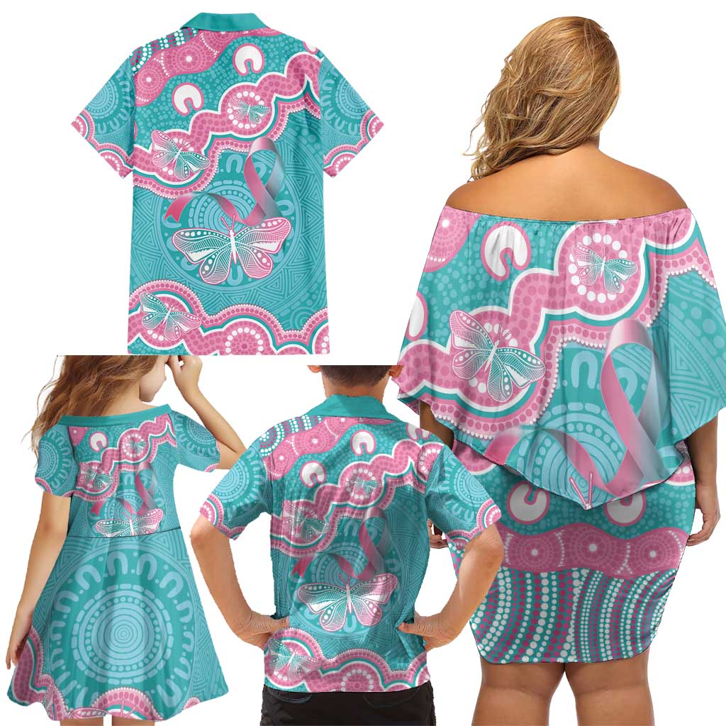 Hereditary And Gynecologic Cancer Awareness Family Matching Off Shoulder Short Dress and Hawaiian Shirt Teal Pink Ribbon Aboriginal Art - Aussie Hoodie