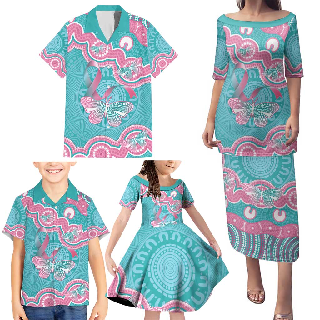 Hereditary And Gynecologic Cancer Awareness Family Matching Puletasi and Hawaiian Shirt Teal Pink Ribbon Aboriginal Art - Aussie Hoodie