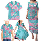 Hereditary And Gynecologic Cancer Awareness Family Matching Puletasi and Hawaiian Shirt Teal Pink Ribbon Aboriginal Art - Aussie Hoodie