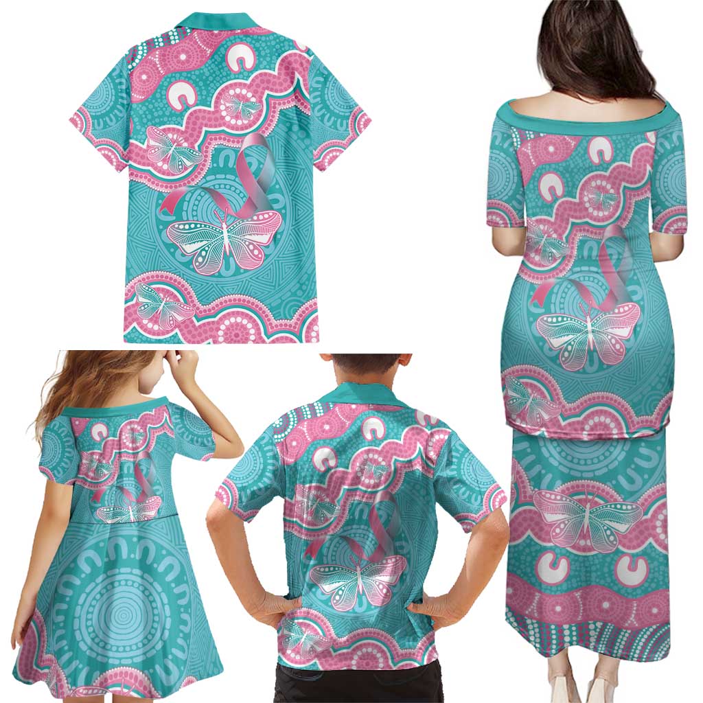 Hereditary And Gynecologic Cancer Awareness Family Matching Puletasi and Hawaiian Shirt Teal Pink Ribbon Aboriginal Art - Aussie Hoodie