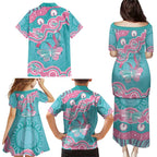 Hereditary And Gynecologic Cancer Awareness Family Matching Puletasi and Hawaiian Shirt Teal Pink Ribbon Aboriginal Art - Aussie Hoodie