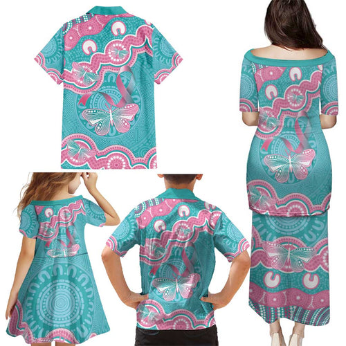 Hereditary And Gynecologic Cancer Awareness Family Matching Puletasi and Hawaiian Shirt Teal Pink Ribbon Aboriginal Art - Aussie Hoodie