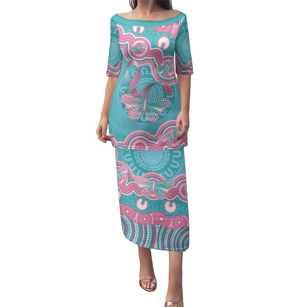 Hereditary And Gynecologic Cancer Awareness Family Matching Puletasi and Hawaiian Shirt Teal Pink Ribbon Aboriginal Art - Aussie Hoodie