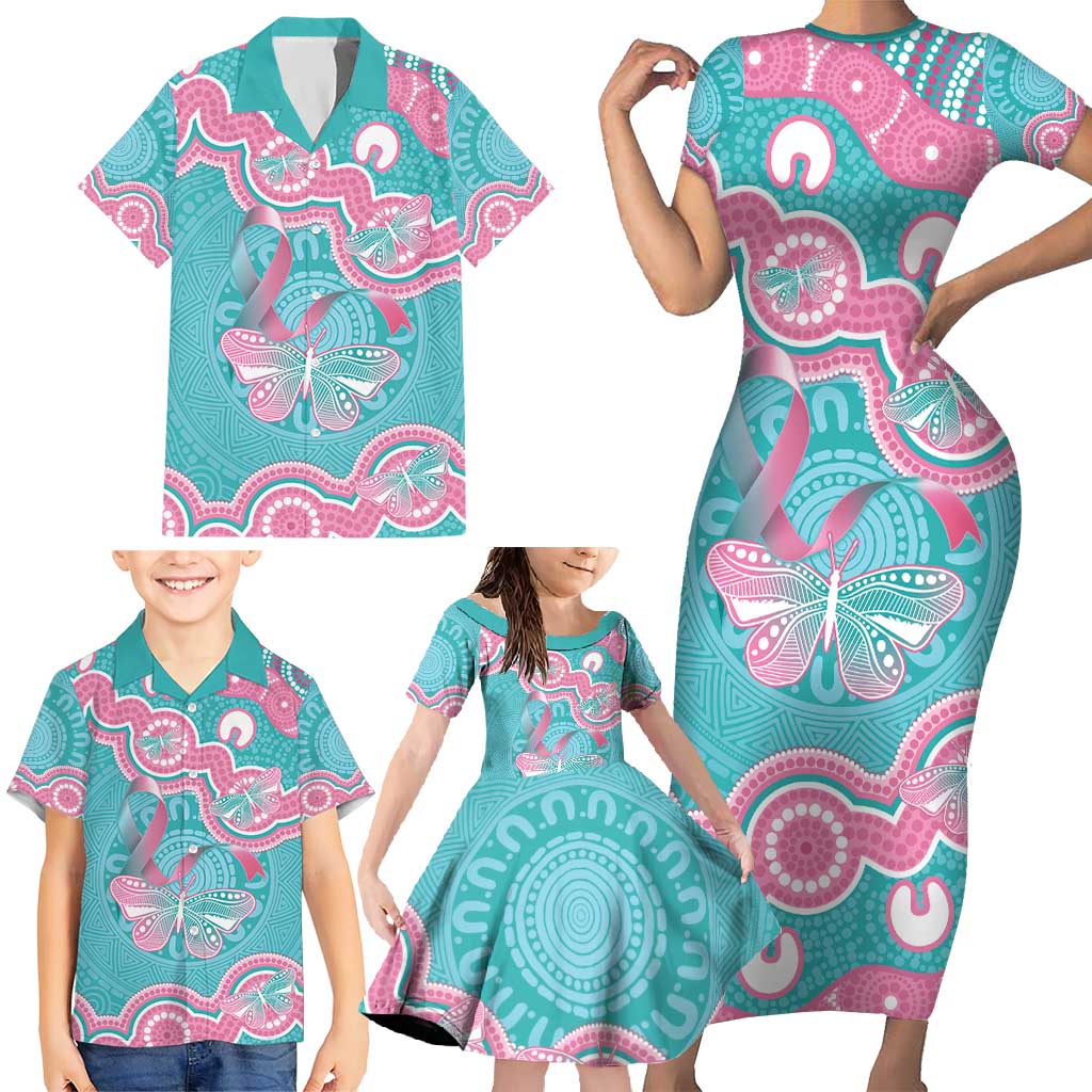 Hereditary And Gynecologic Cancer Awareness Family Matching Short Sleeve Bodycon Dress and Hawaiian Shirt Teal Pink Ribbon Aboriginal Art - Aussie Hoodie
