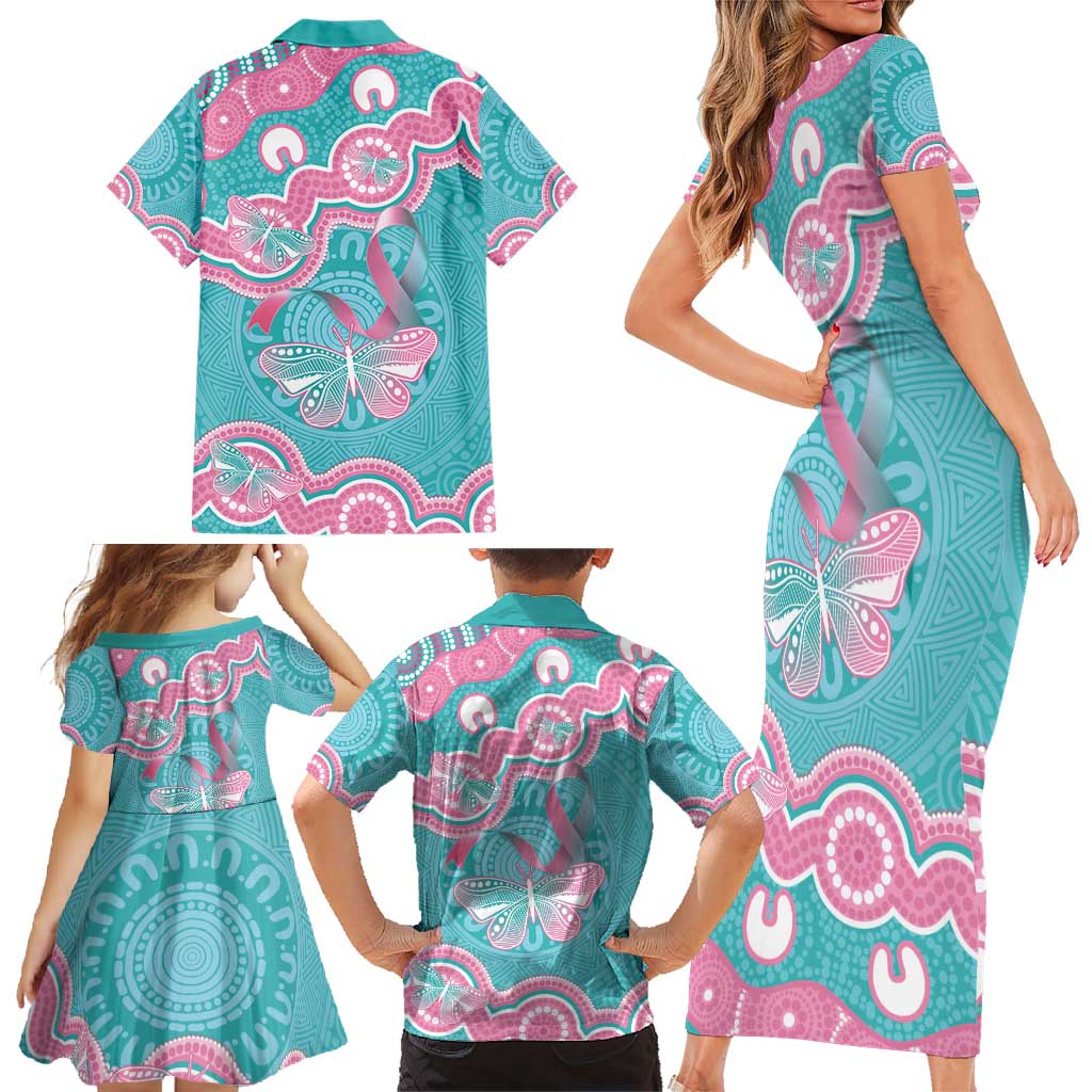 Hereditary And Gynecologic Cancer Awareness Family Matching Short Sleeve Bodycon Dress and Hawaiian Shirt Teal Pink Ribbon Aboriginal Art - Aussie Hoodie