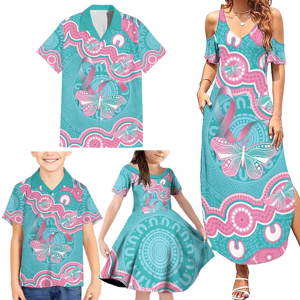 Hereditary And Gynecologic Cancer Awareness Family Matching Summer Maxi Dress and Hawaiian Shirt Teal Pink Ribbon Aboriginal Art - Aussie Hoodie