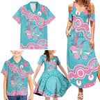 Hereditary And Gynecologic Cancer Awareness Family Matching Summer Maxi Dress and Hawaiian Shirt Teal Pink Ribbon Aboriginal Art - Aussie Hoodie