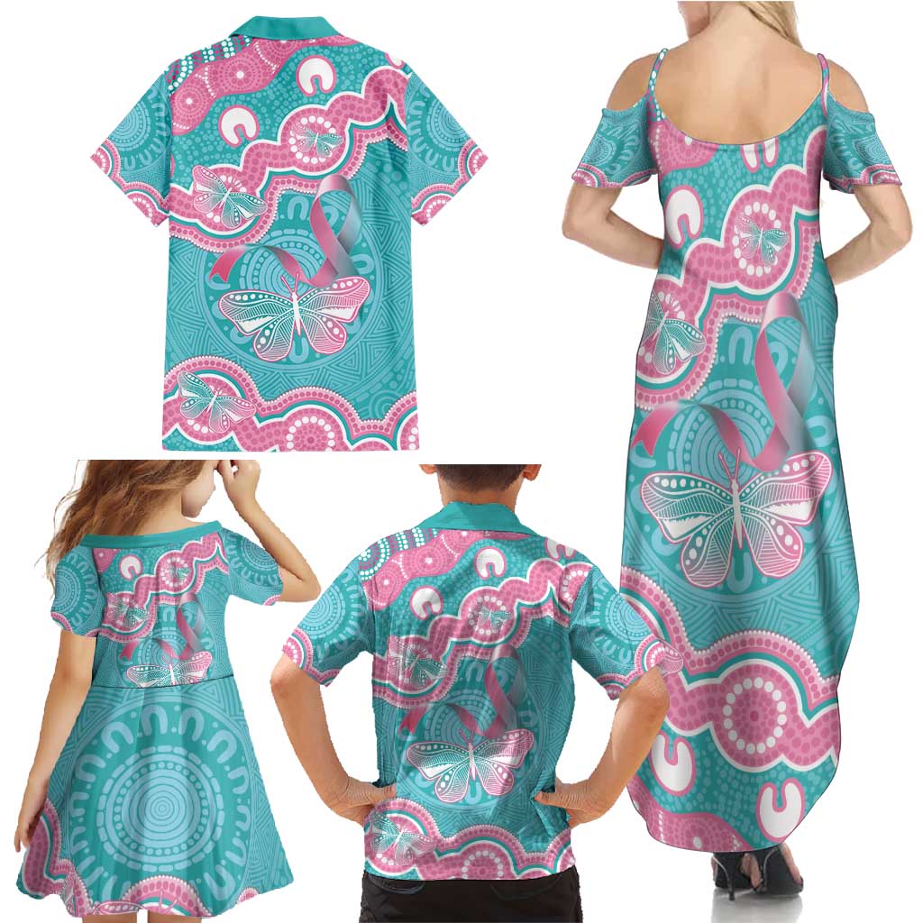 Hereditary And Gynecologic Cancer Awareness Family Matching Summer Maxi Dress and Hawaiian Shirt Teal Pink Ribbon Aboriginal Art - Aussie Hoodie
