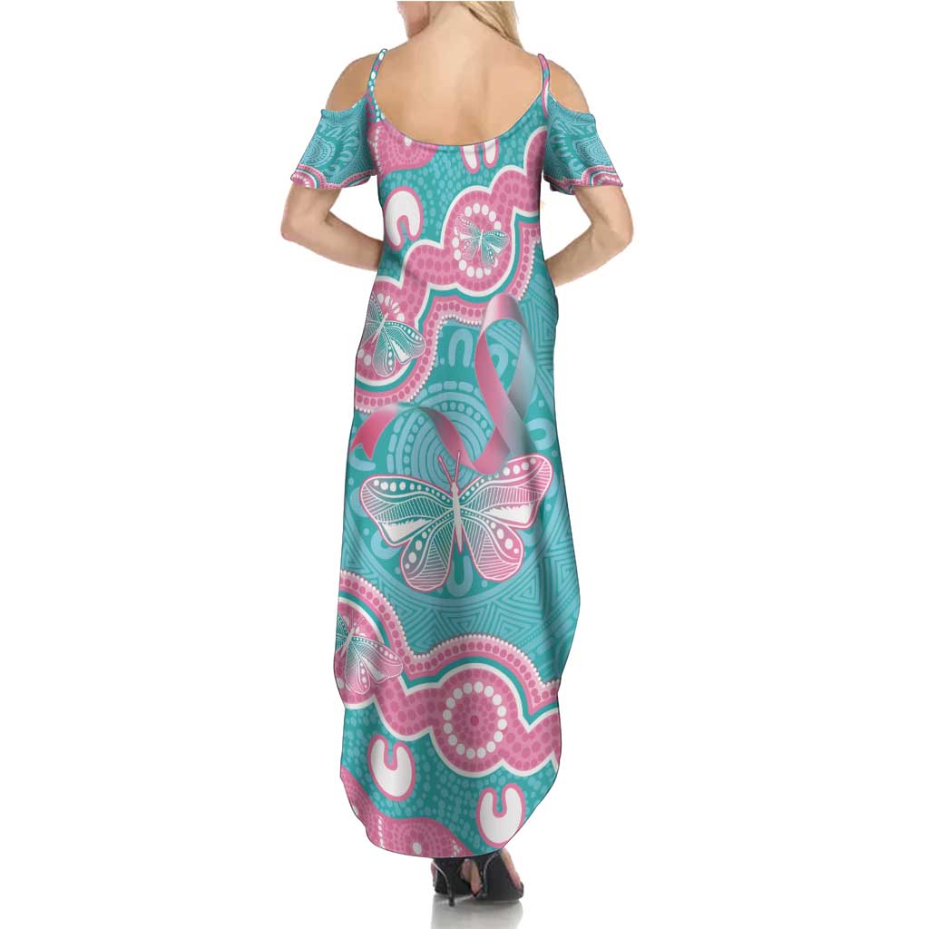 Hereditary And Gynecologic Cancer Awareness Family Matching Summer Maxi Dress and Hawaiian Shirt Teal Pink Ribbon Aboriginal Art - Aussie Hoodie