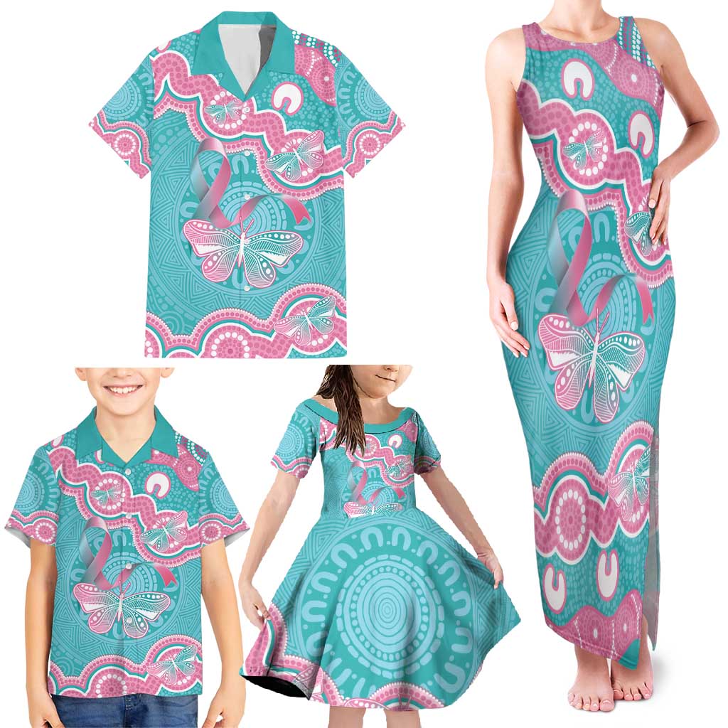 Hereditary And Gynecologic Cancer Awareness Family Matching Tank Maxi Dress and Hawaiian Shirt Teal Pink Ribbon Aboriginal Art - Aussie Hoodie