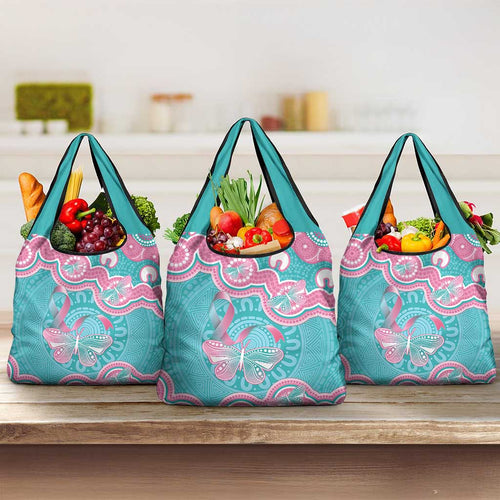 Hereditary And Gynecologic Cancer Awareness Grocery Bag Teal Pink Ribbon Aboriginal Art - Aussie Hoodie