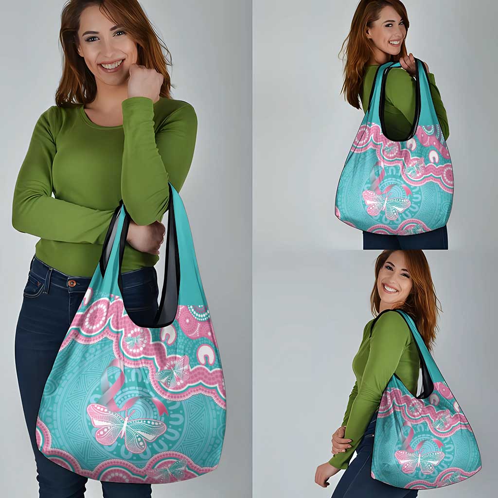 Hereditary And Gynecologic Cancer Awareness Grocery Bag Teal Pink Ribbon Aboriginal Art - Aussie Hoodie