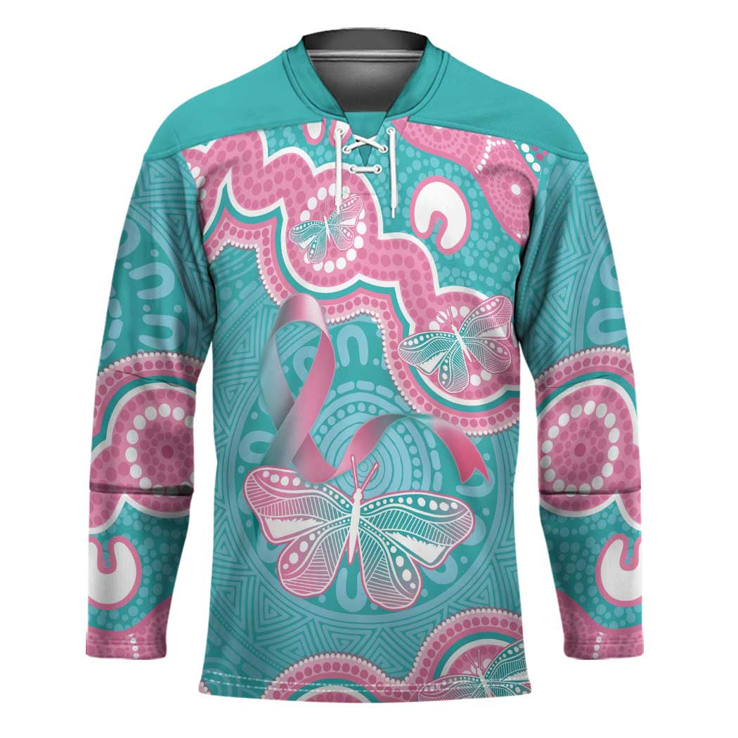 Hereditary And Gynecologic Cancer Awareness Hockey Jersey Teal Pink Ribbon Aboriginal Art - Aussie Hoodie