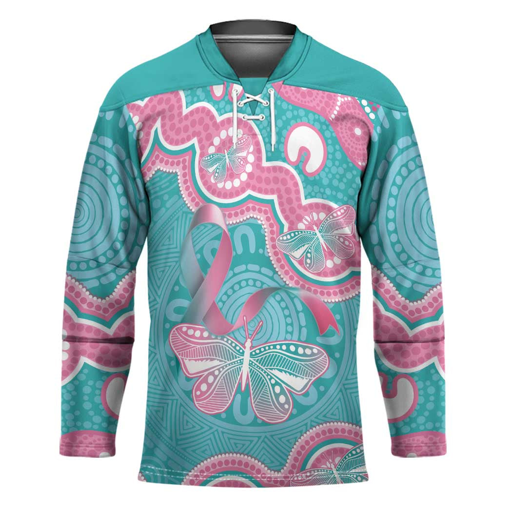 Hereditary And Gynecologic Cancer Awareness Hockey Jersey Teal Pink Ribbon Aboriginal Art - Aussie Hoodie