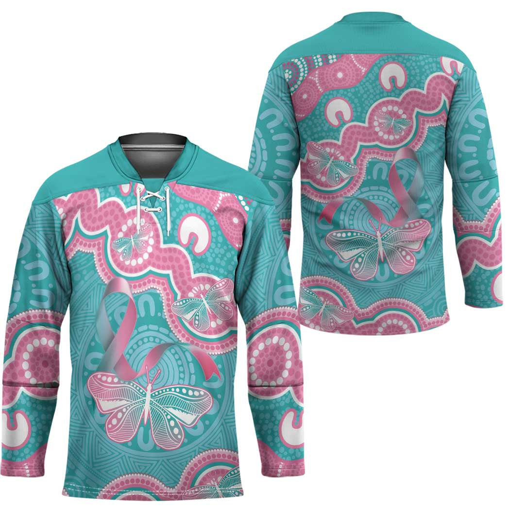 Hereditary And Gynecologic Cancer Awareness Hockey Jersey Teal Pink Ribbon Aboriginal Art - Aussie Hoodie