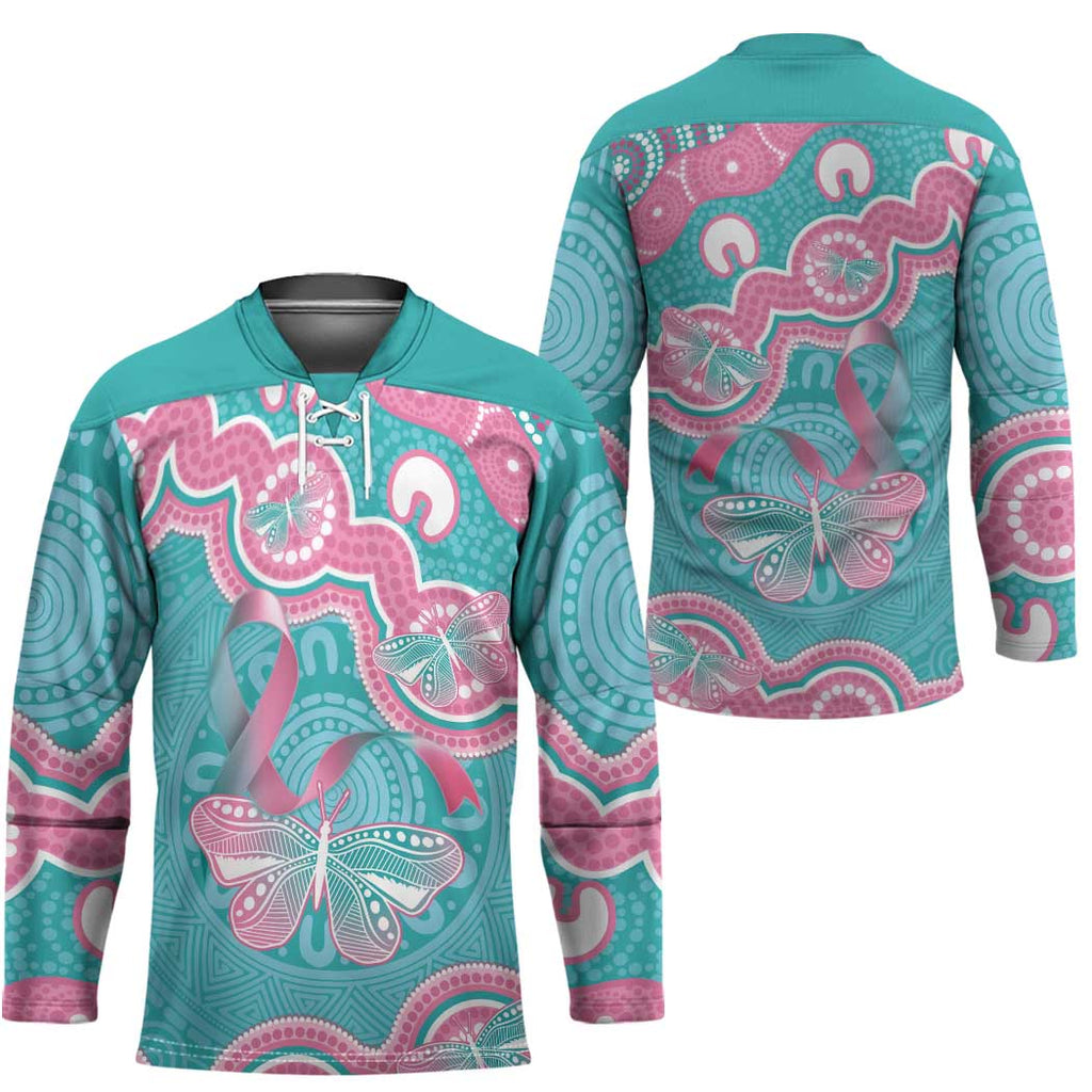 Hereditary And Gynecologic Cancer Awareness Hockey Jersey Teal Pink Ribbon Aboriginal Art - Aussie Hoodie